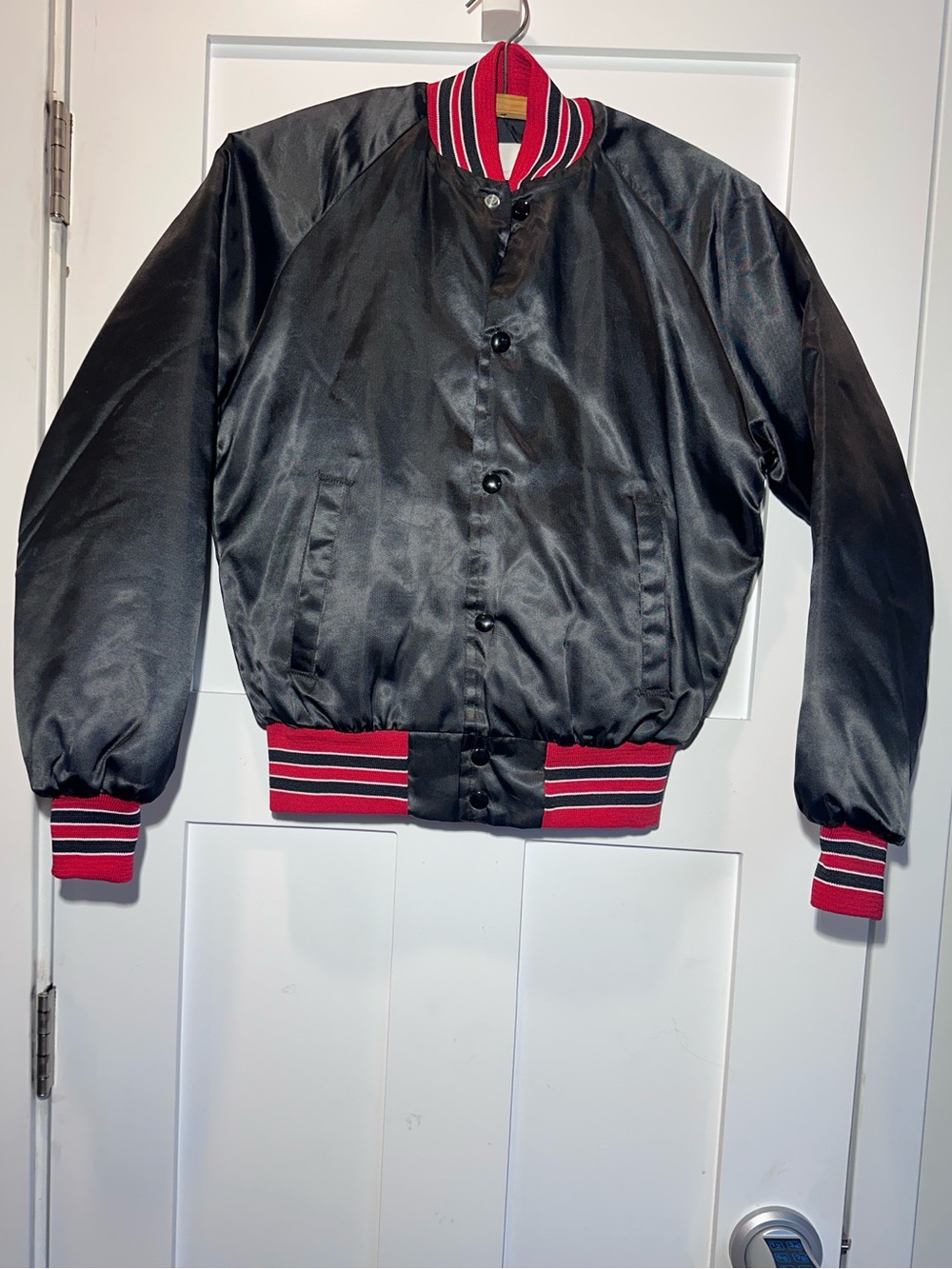 Classic Vintage Black Bomber Jacket with Red Stripe Trim New Without Tags